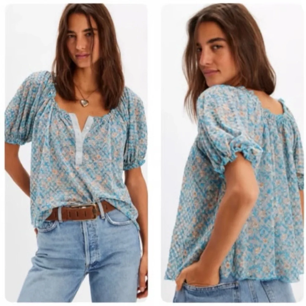 Free People Astra Peasant Teal and Peach Patterned Blouse S